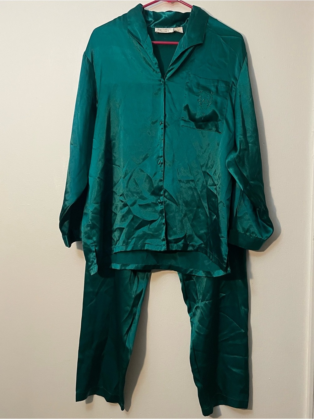 VTG 80s/90s Victoria’s Secret Gold Label Emerald Green High Satin Pajama Set